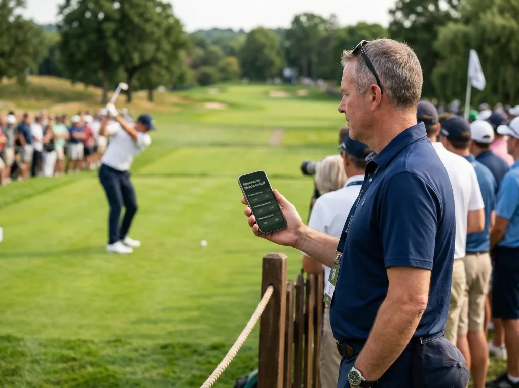 Apuestas en directo de golf con pantalla de cuotas en vivo durante torneo