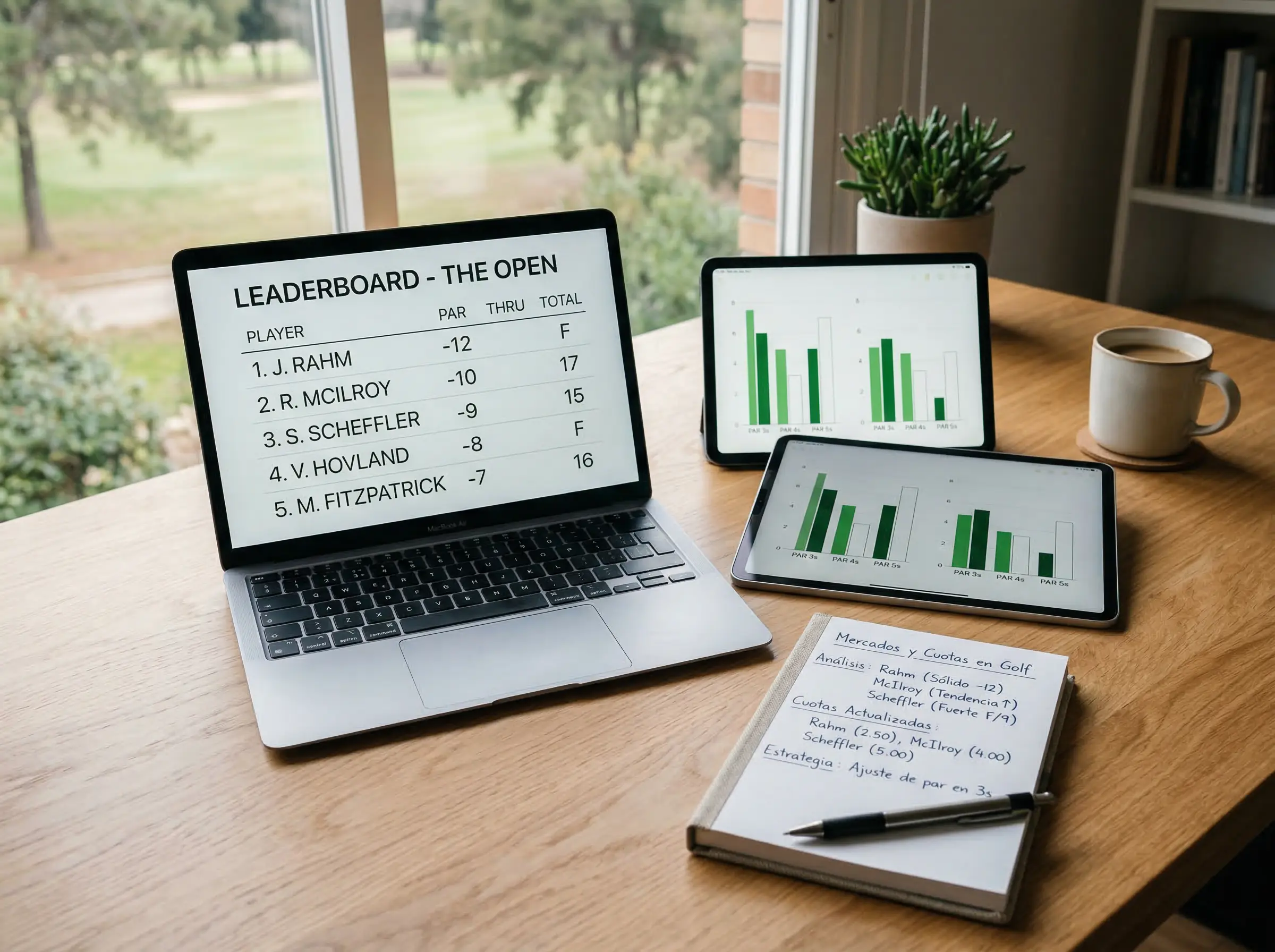 Pantalla mostrando diferentes mercados de apuestas de golf con cuotas y opciones de posicion