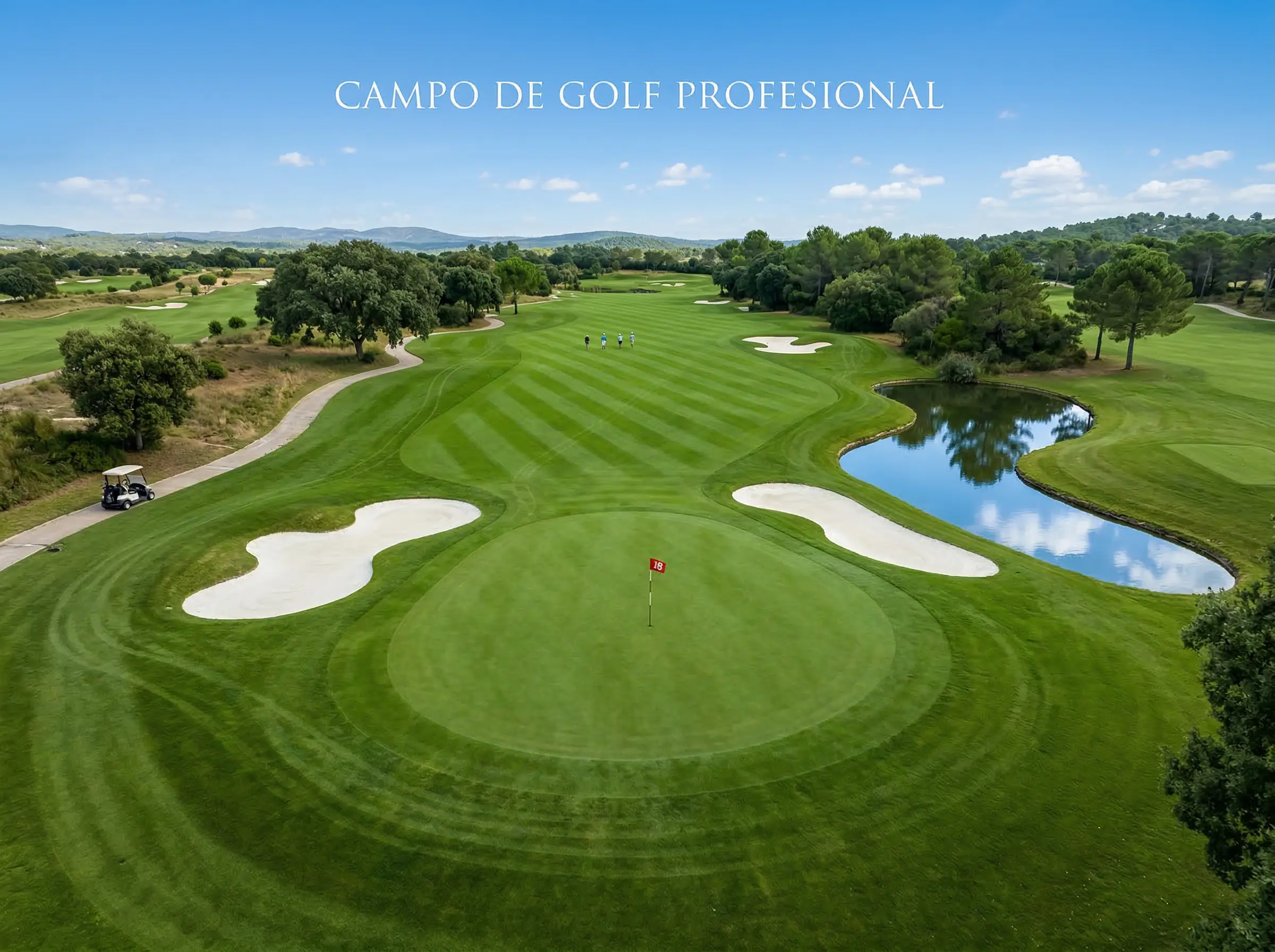 Campo de golf profesional con calles perfectamente cuidadas y bunkers estrategicos