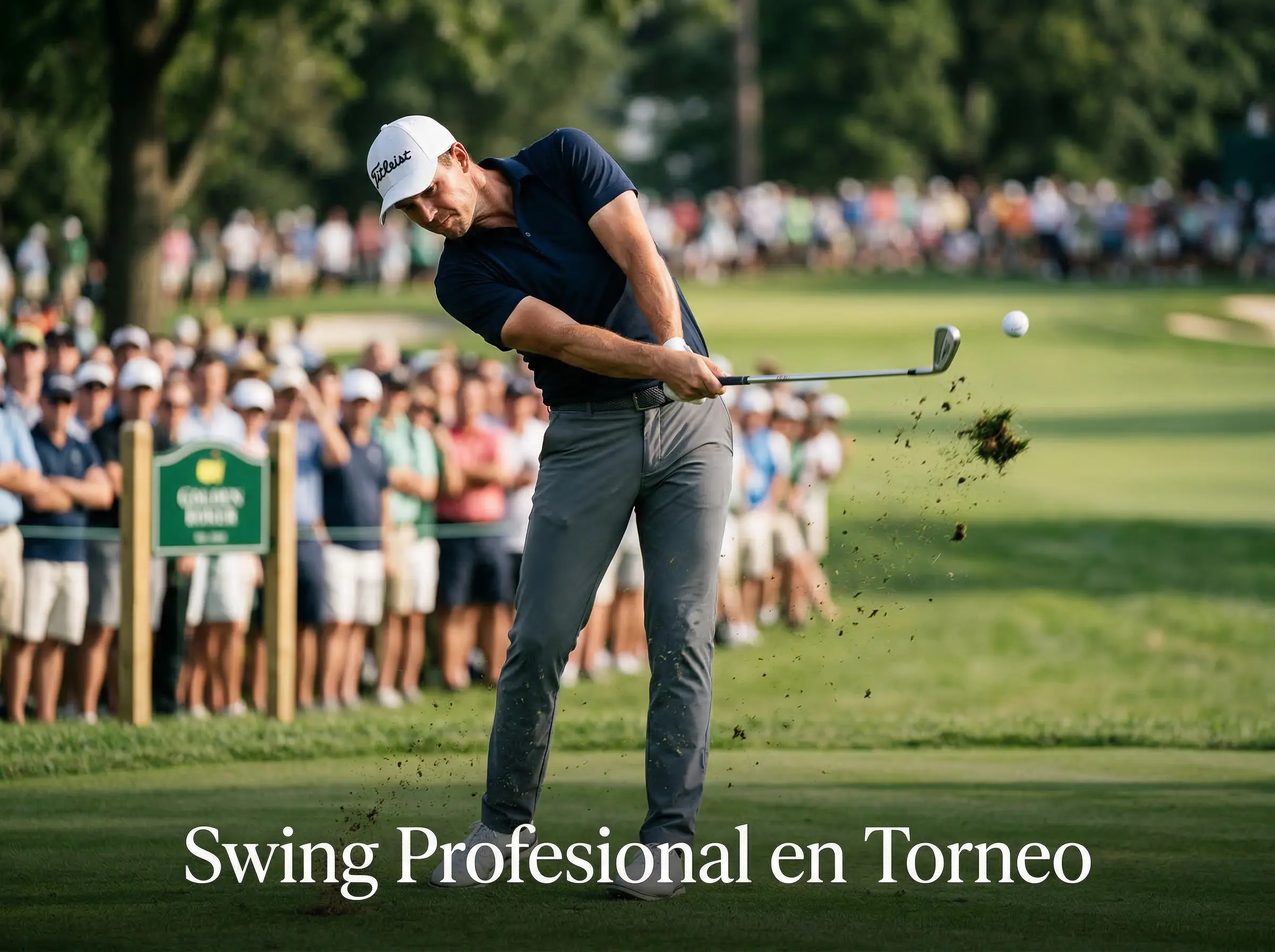 Golfista profesional ejecutando un swing durante un torneo del PGA Tour con publico observando