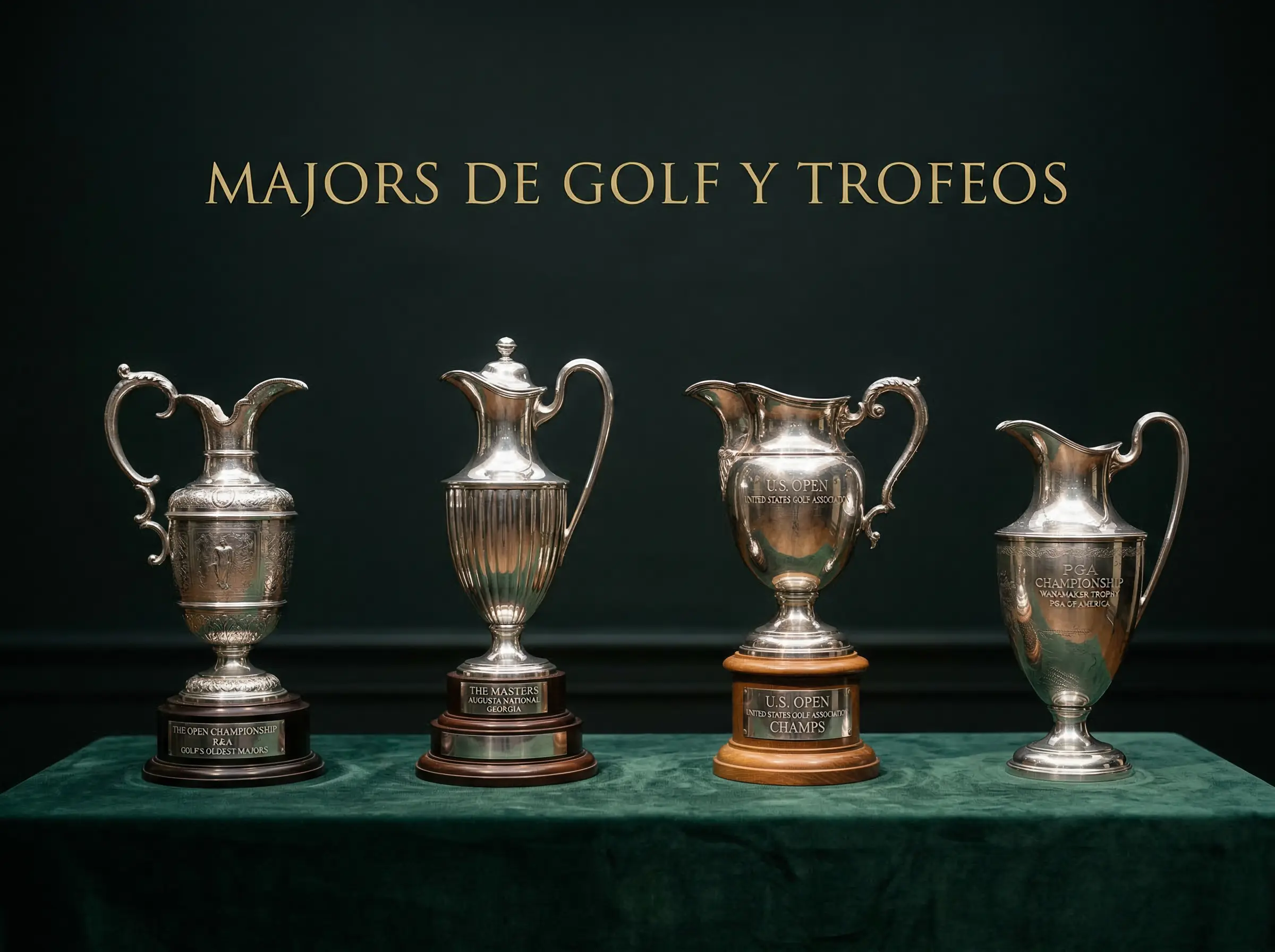 Trofeos de los cuatro majors de golf alineados representando Masters US Open Open Championship y PGA Championship